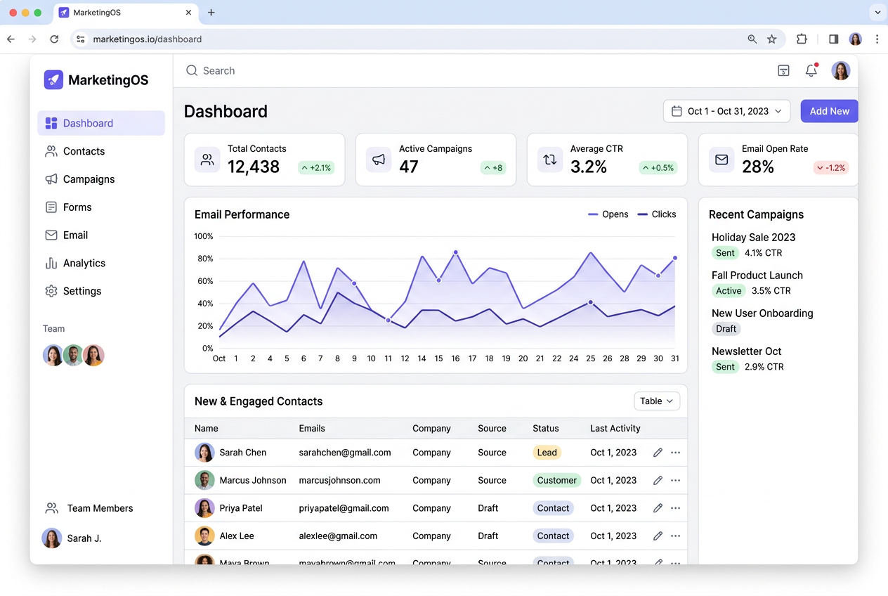 MarketingOS dashboard showing contacts, campaigns and email performance