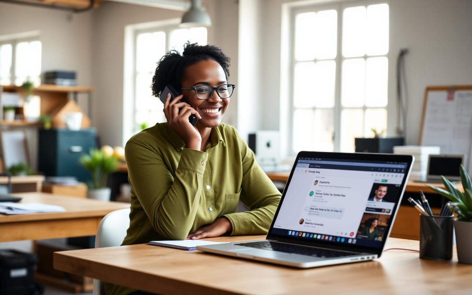BuddyAI answering a customer call while a business owner works at her desk