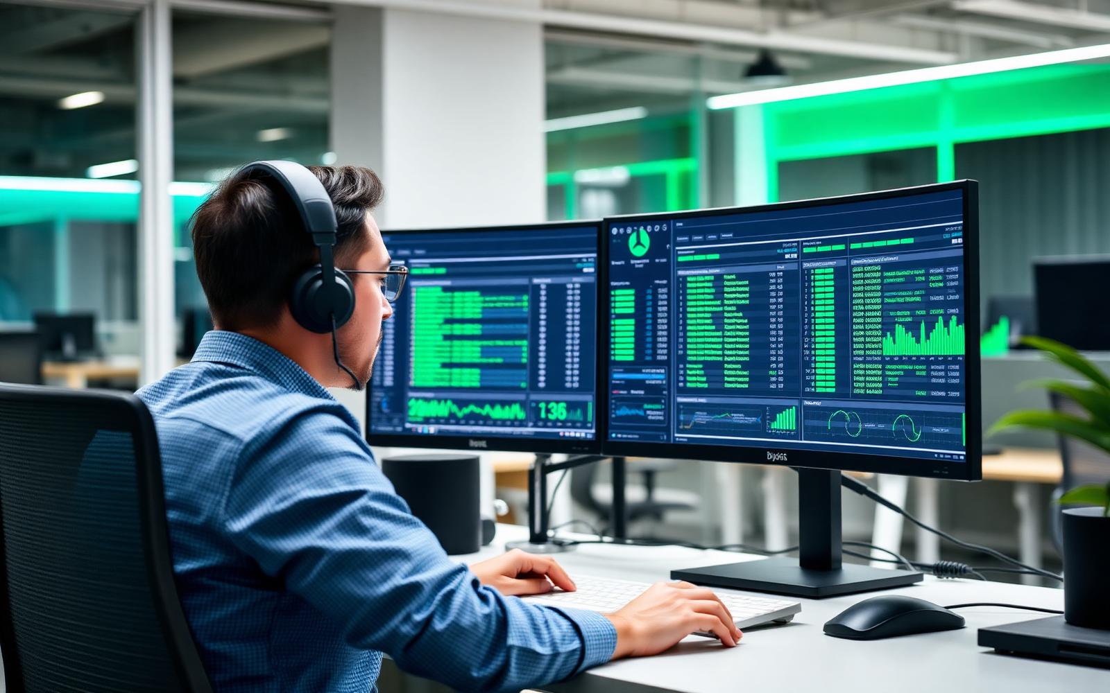 Engineer reviewing automated regression test results across two monitors